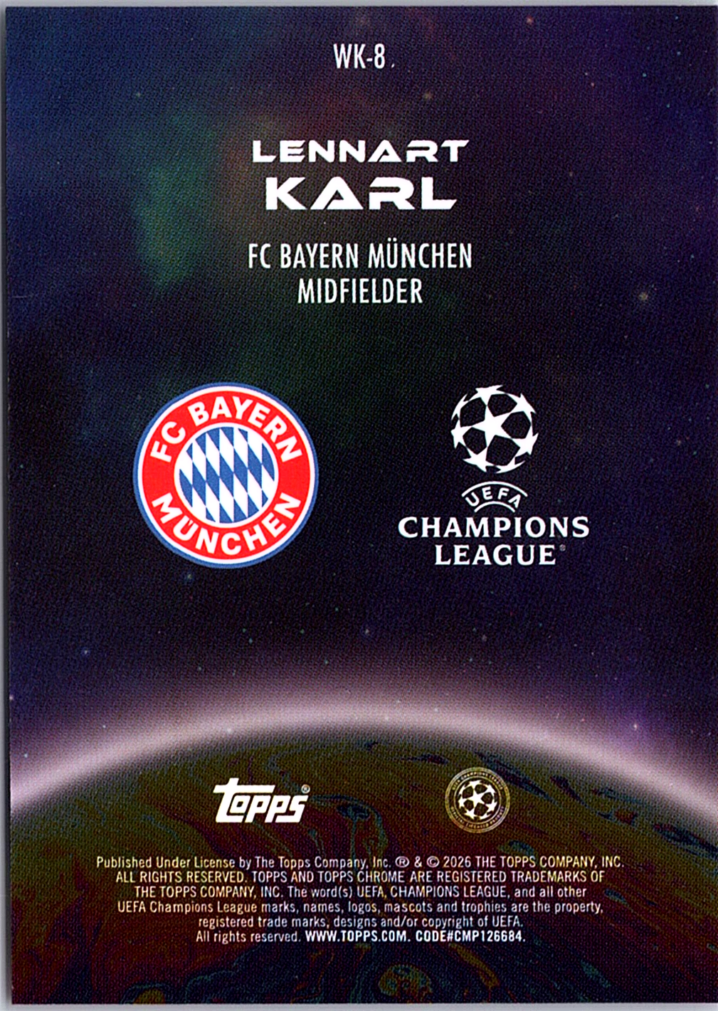 Lennart Karl Topps Chrome UEFA Club Competitions - Wonderkids WK-8 NM (Back)
