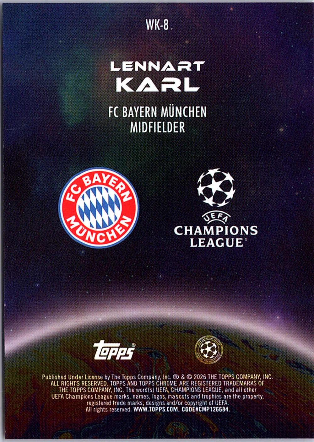 Lennart Karl Topps Chrome UEFA Club Competitions - Wonderkids WK-8 NM (Back)