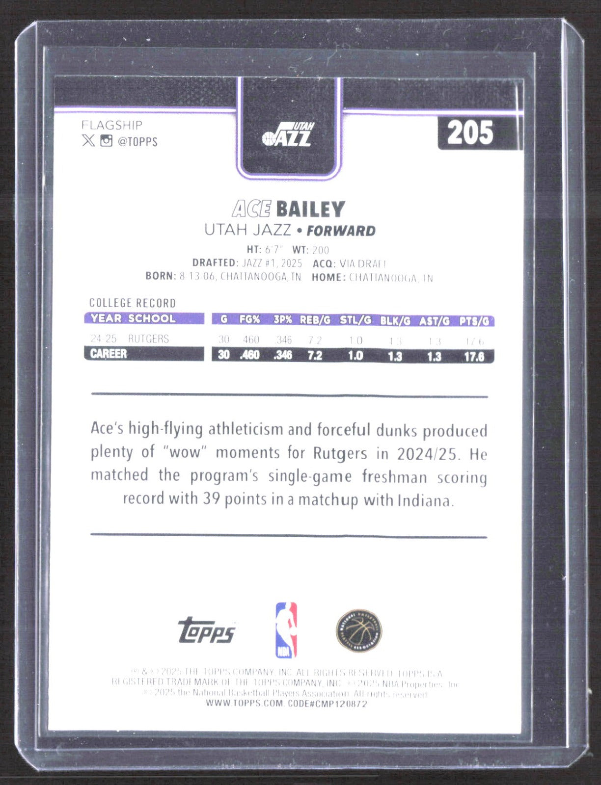 2025-26 Topps - RC Ace Bailey 205 Basketball Utah Jazz
