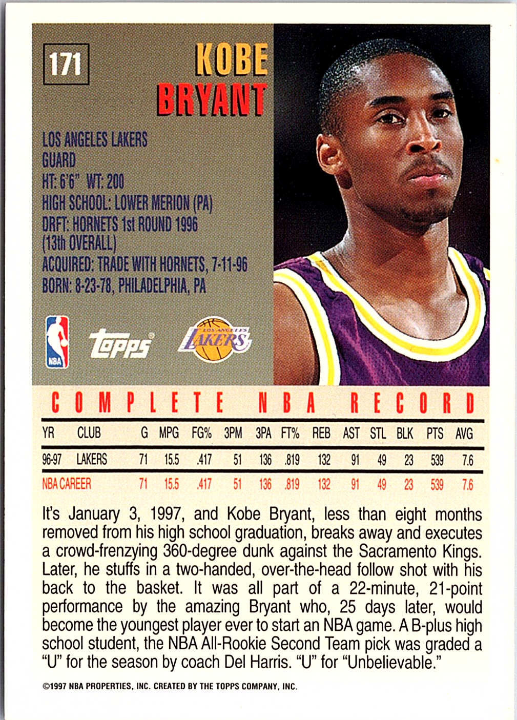 1997-98 Topps Chrome - Refractors Kobe Bryant 171 Basketball Los Angeles Lakers (Back)