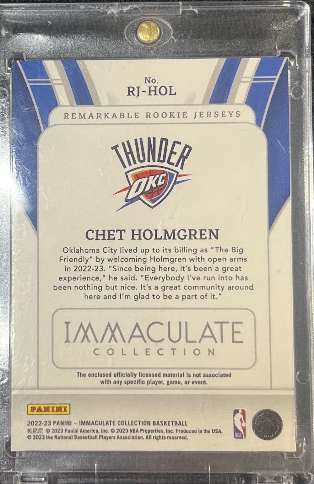 Chet Holmgren Panini Immaculate Collection - Remarkable Rookie Jerseys RJ-HOL NM