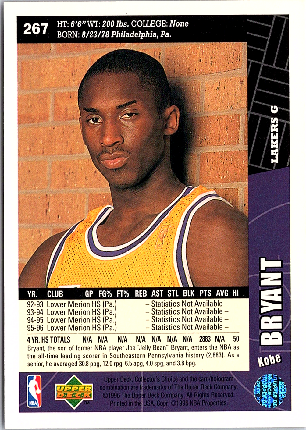1996-97 Collector's Choice Los Angeles Lakers Kobe Bryant LA2 Los Angeles Lakers (Back)
