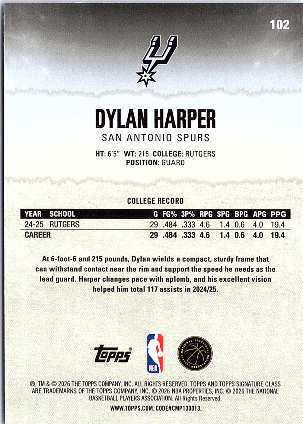 2025-26 Topps Signature Class Dylan Harper RC Rookie Yellow Gold Pandora 102 NM (Back)