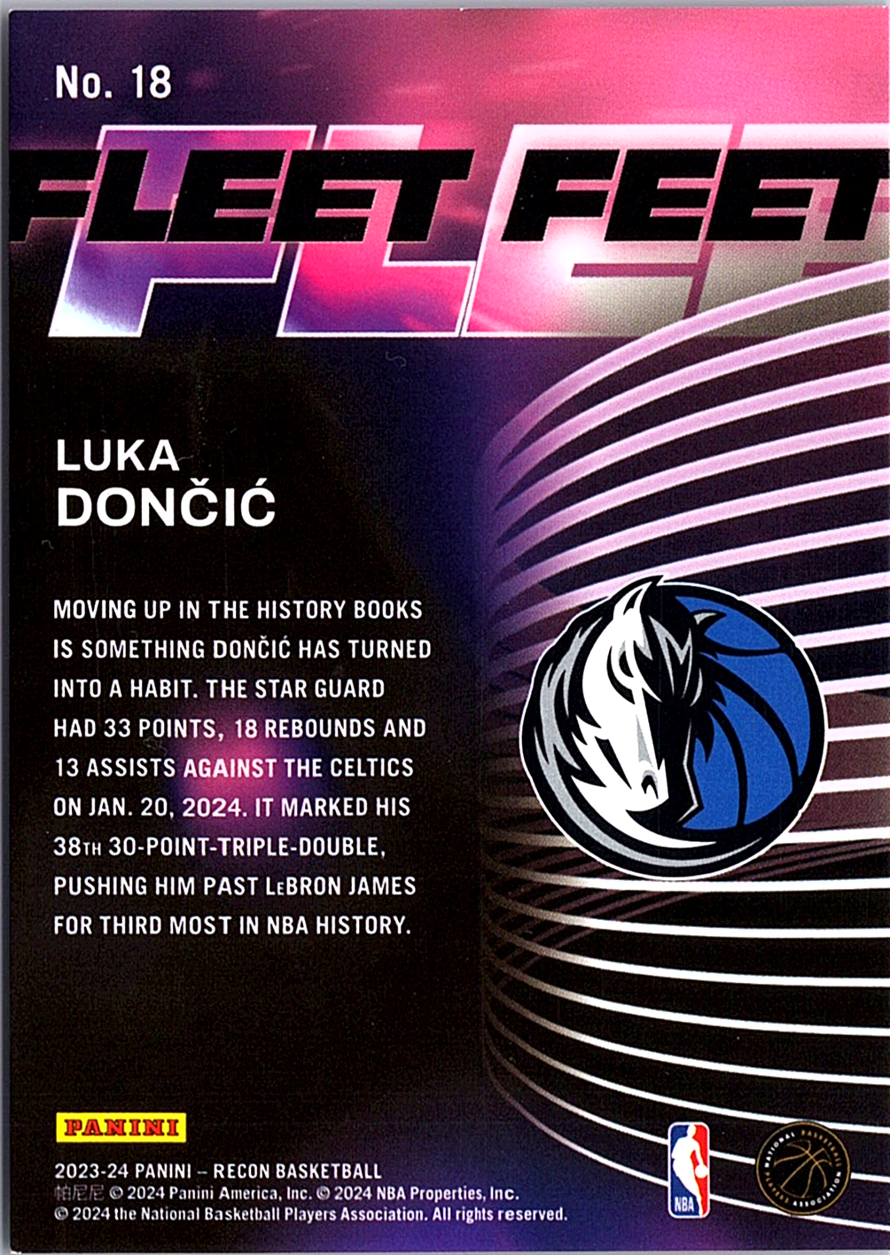 2023-24 Panini Recon - Fleet Feet Gold Luka Doncic 18 /10 Dallas Mavericks (Back)