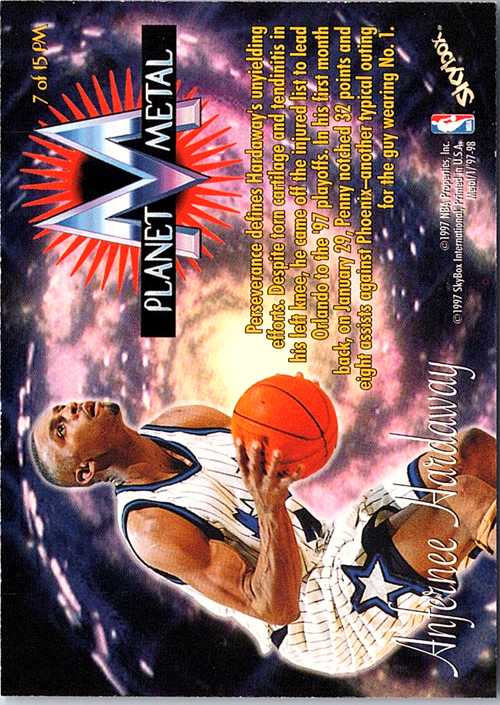 1997-98 Metal Universe - Planet Metal Anfernee Hardaway 7 PM Orlando Magic (Back)
