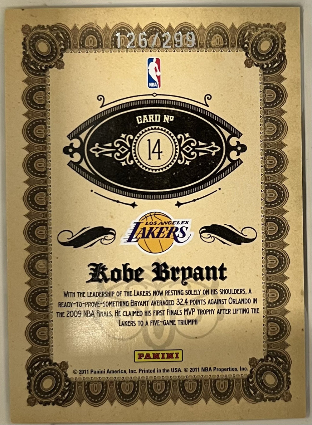 Kobe Bryant Panini Gold Standard - 24-Karat Kobe 14 NM (Back)
