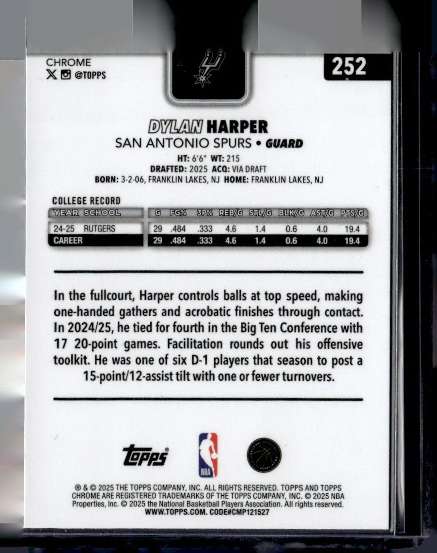 Dylan Harper Base 252 NM (Back)