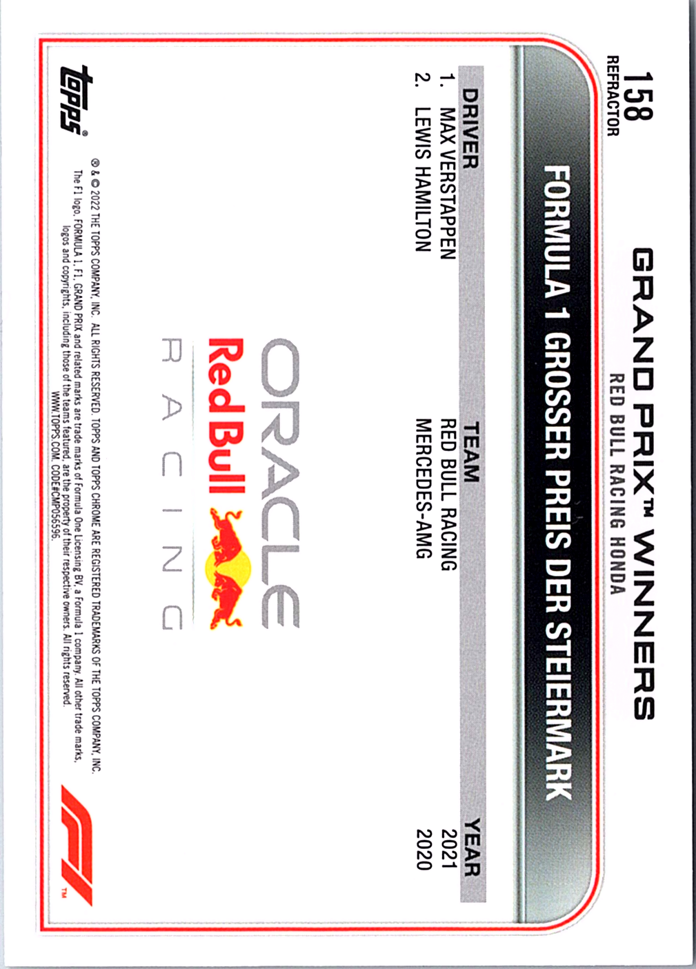 Max Verstappen Topps Chrome Formula 1 - Refractor 158 NM (Back)