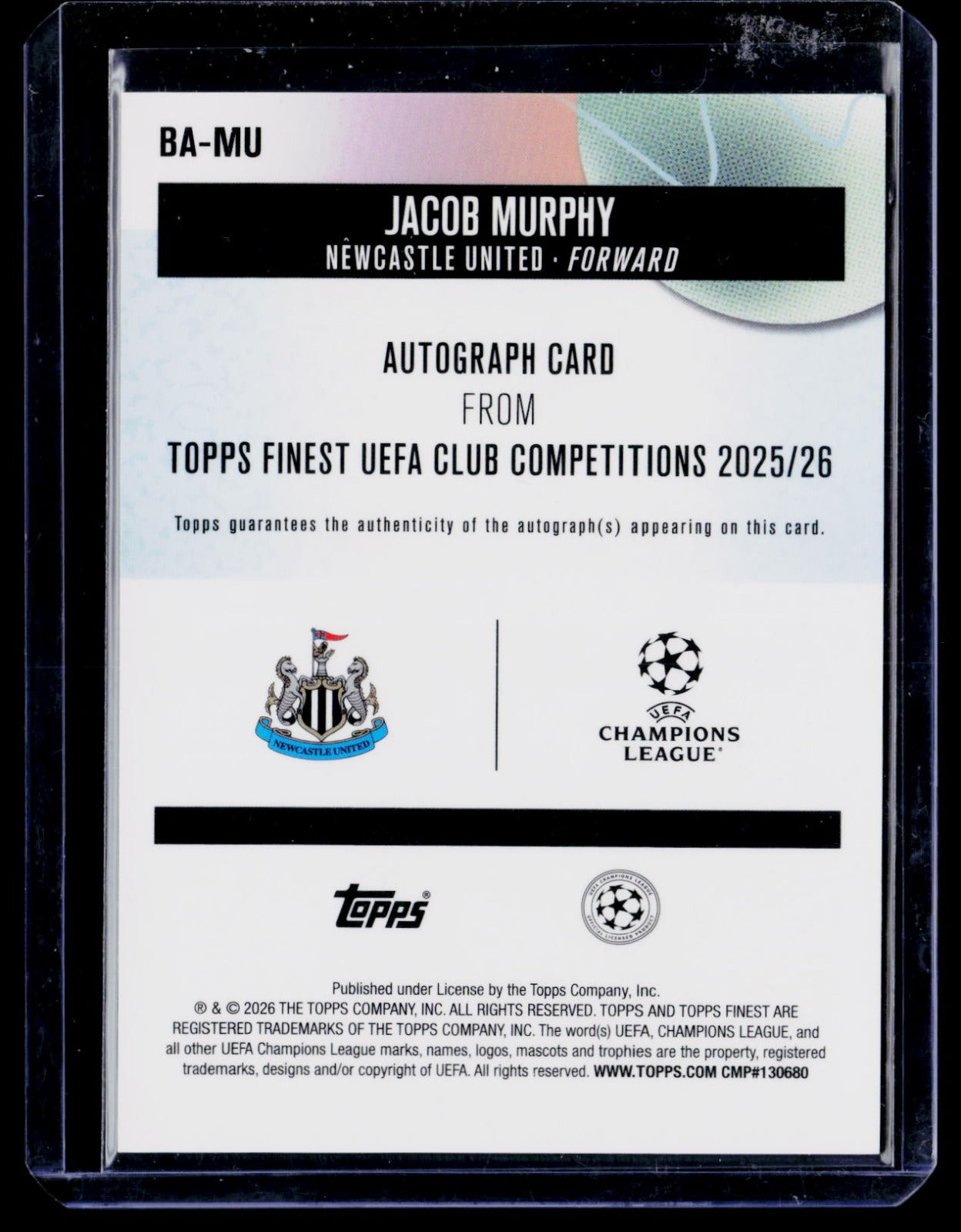 Jacob Murphy Finest UEFA Club Competitions - Base Autographs BA-MU NM
