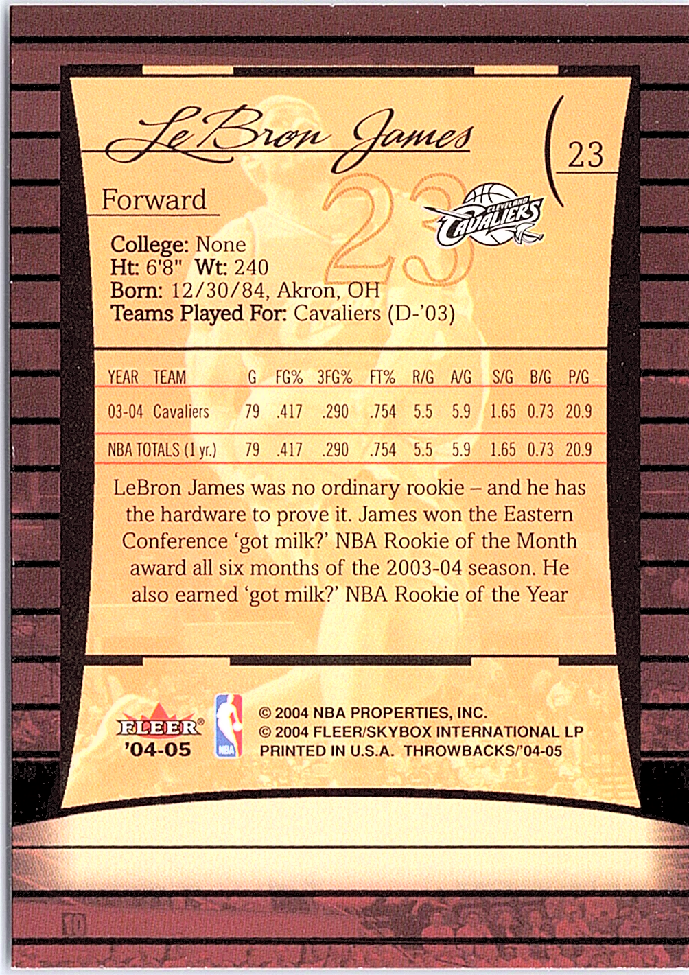 LeBron James Fleer Throwbacks 23 NM (Back)