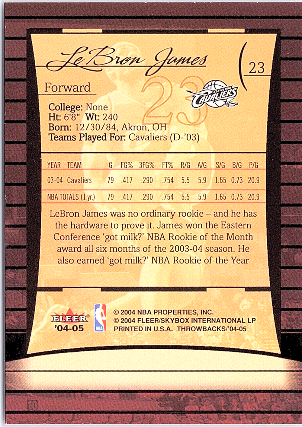 LeBron James Fleer Throwbacks 23 NM (Back)
