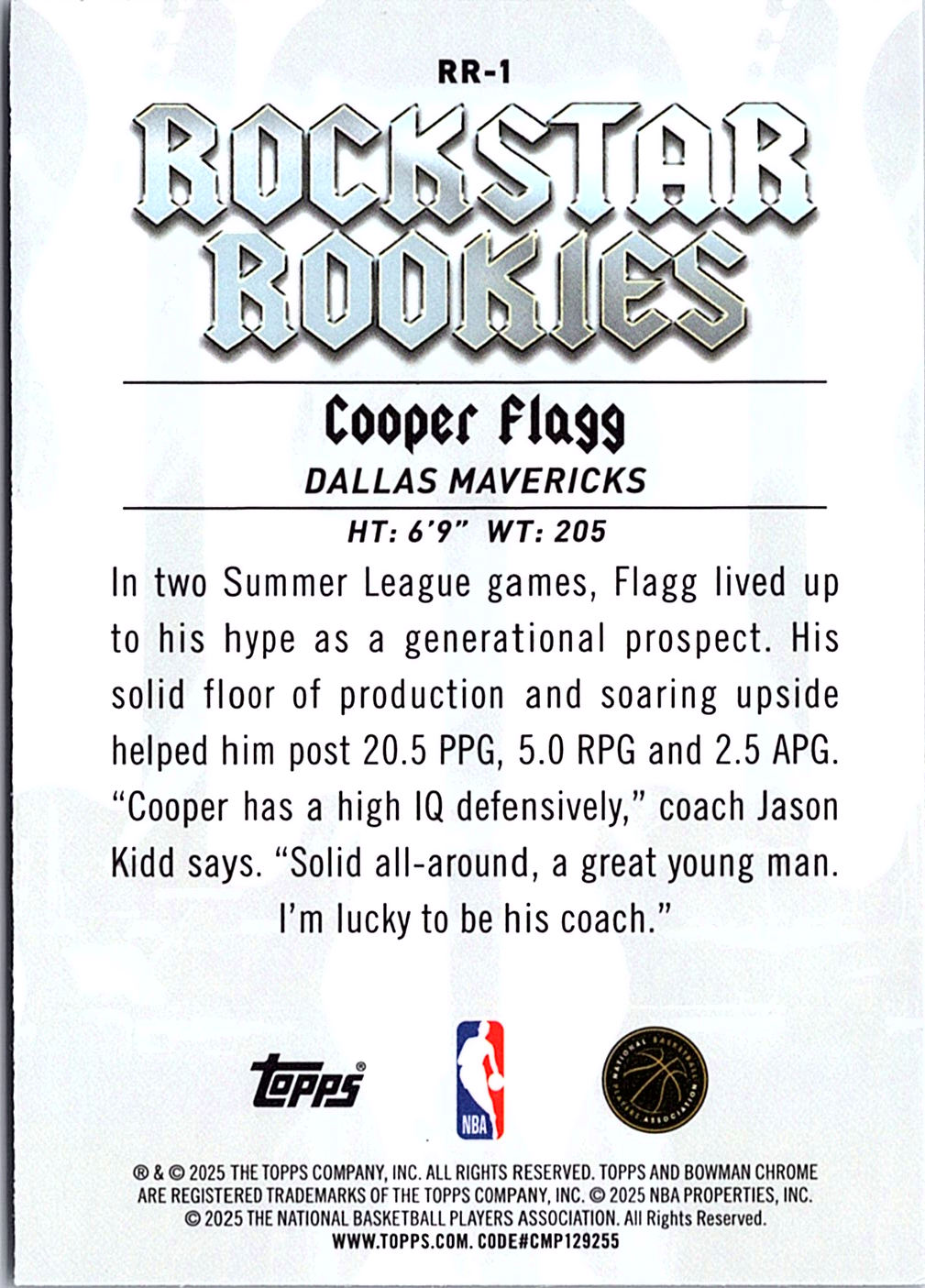 Cooper Flagg Bowman - Rockstar Rookies RR-1 NM (Back)