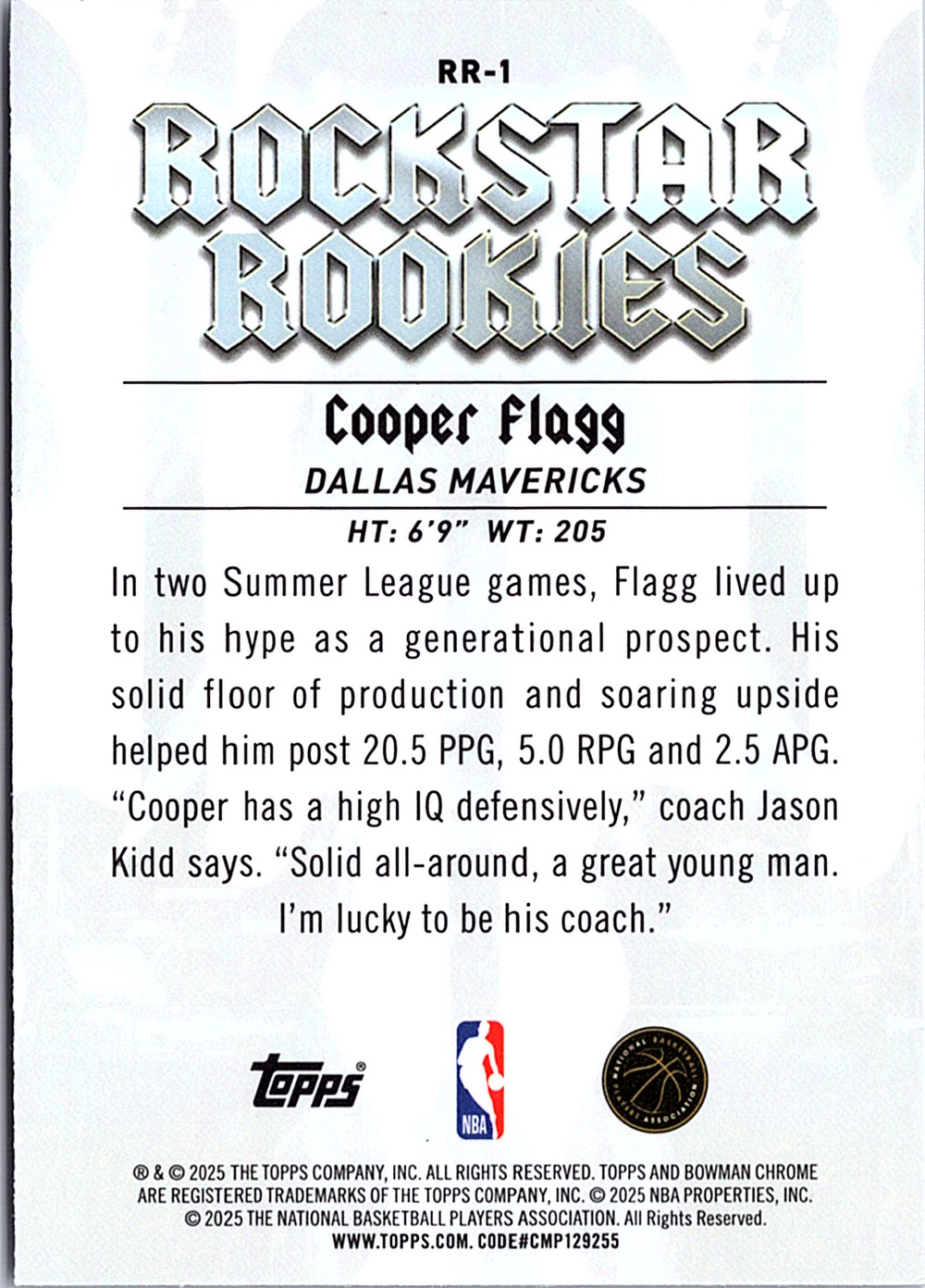 Cooper Flagg Bowman - Rockstar Rookies RR-1 NM (Back)
