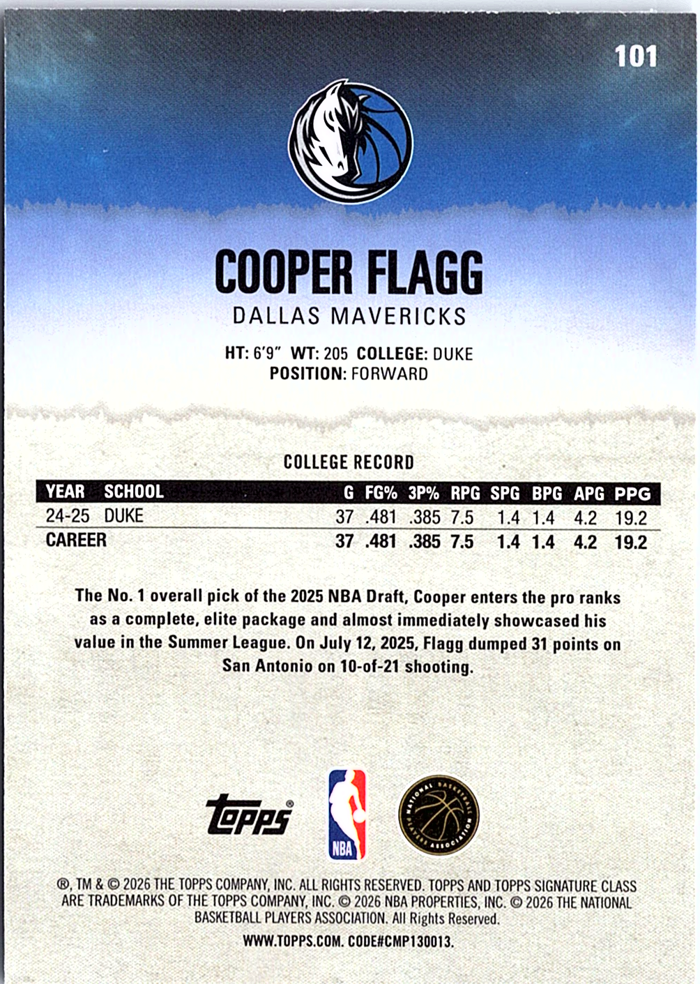 Cooper Flagg Topps Signature Class 101 NM (Back)