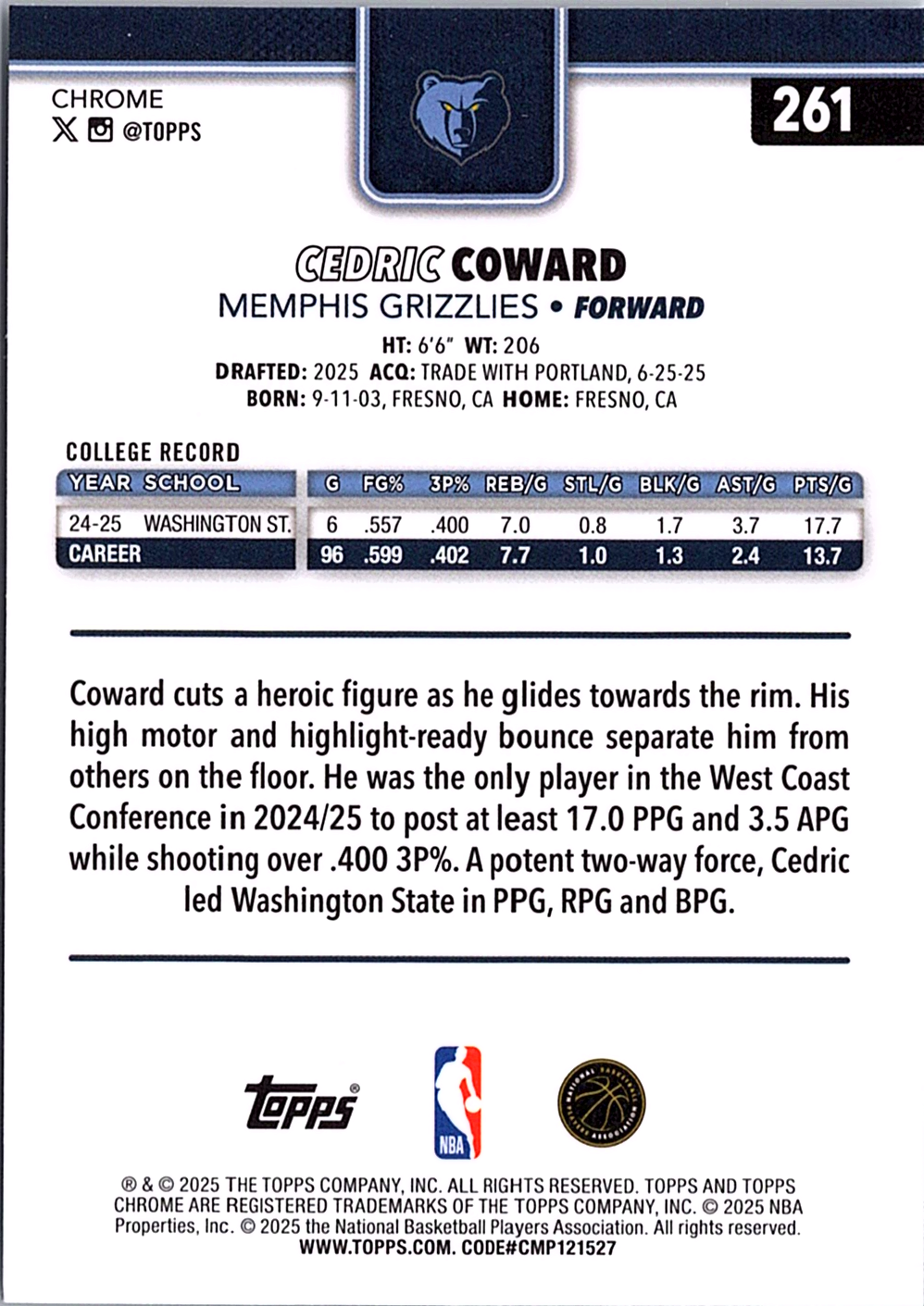 2025-26 Topps Chrome - X-Fractor Cedric Coward 261 Basketball Memphis Grizzlies (Back)