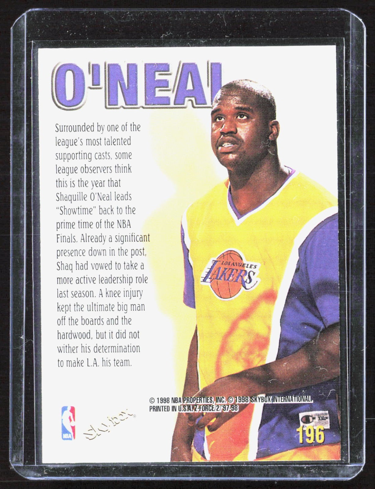 1997-98 SkyBox Z-Force Shaquille O'Neal 196 Basketball Los Angeles Lakers (Back)