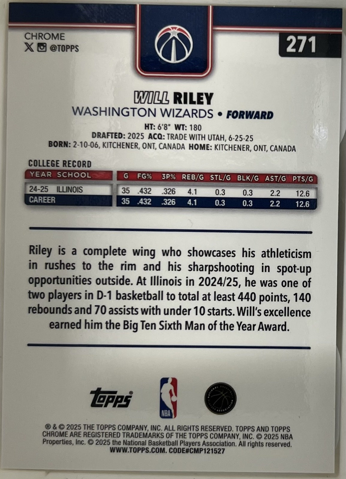 Will Riley Topps Chrome - Yellow RayWave Refractor 271 NM (Back)