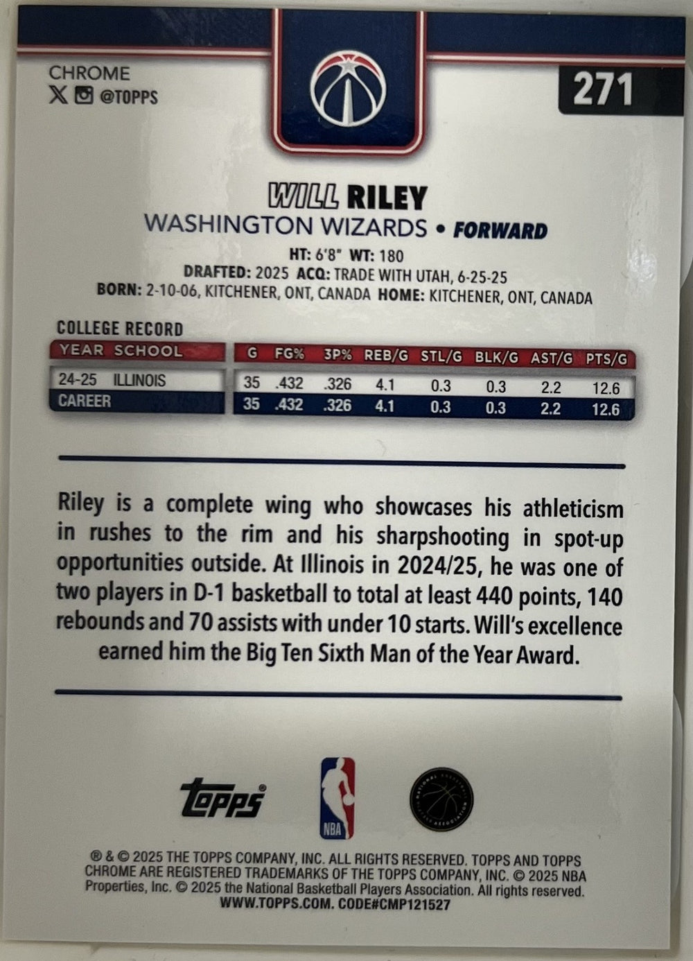 Will Riley Topps Chrome - Yellow RayWave Refractor 271 NM (Back)