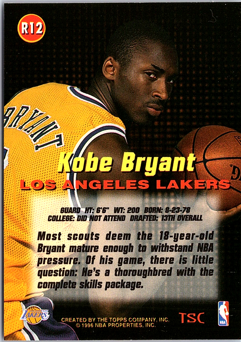 1996-97 Stadium Club - Rookies (Series One) Kobe Bryant R12 Los Angeles Lakers (Back)