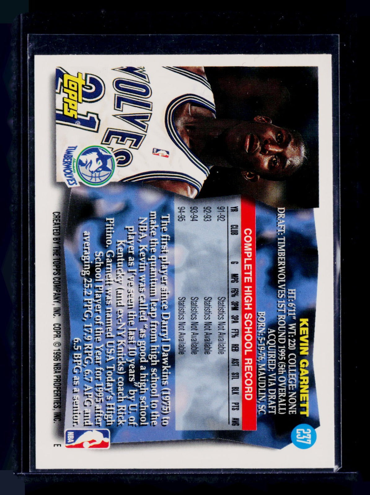 1995-96 Topps Kevin Garnett 237 Rookie