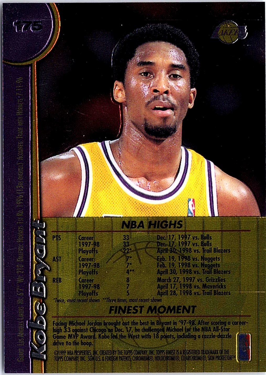 1998-99 Finest - No Protector Kobe Bryant 175 Basketball Los Angeles Lakers (Back)