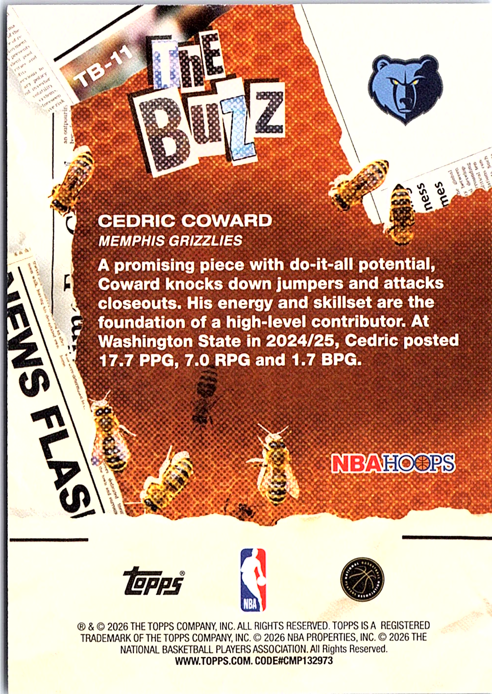 2025-26 Hoops - The Buzz Light Burst Black Cedric Coward TB-11 /10 Memphis (Back)