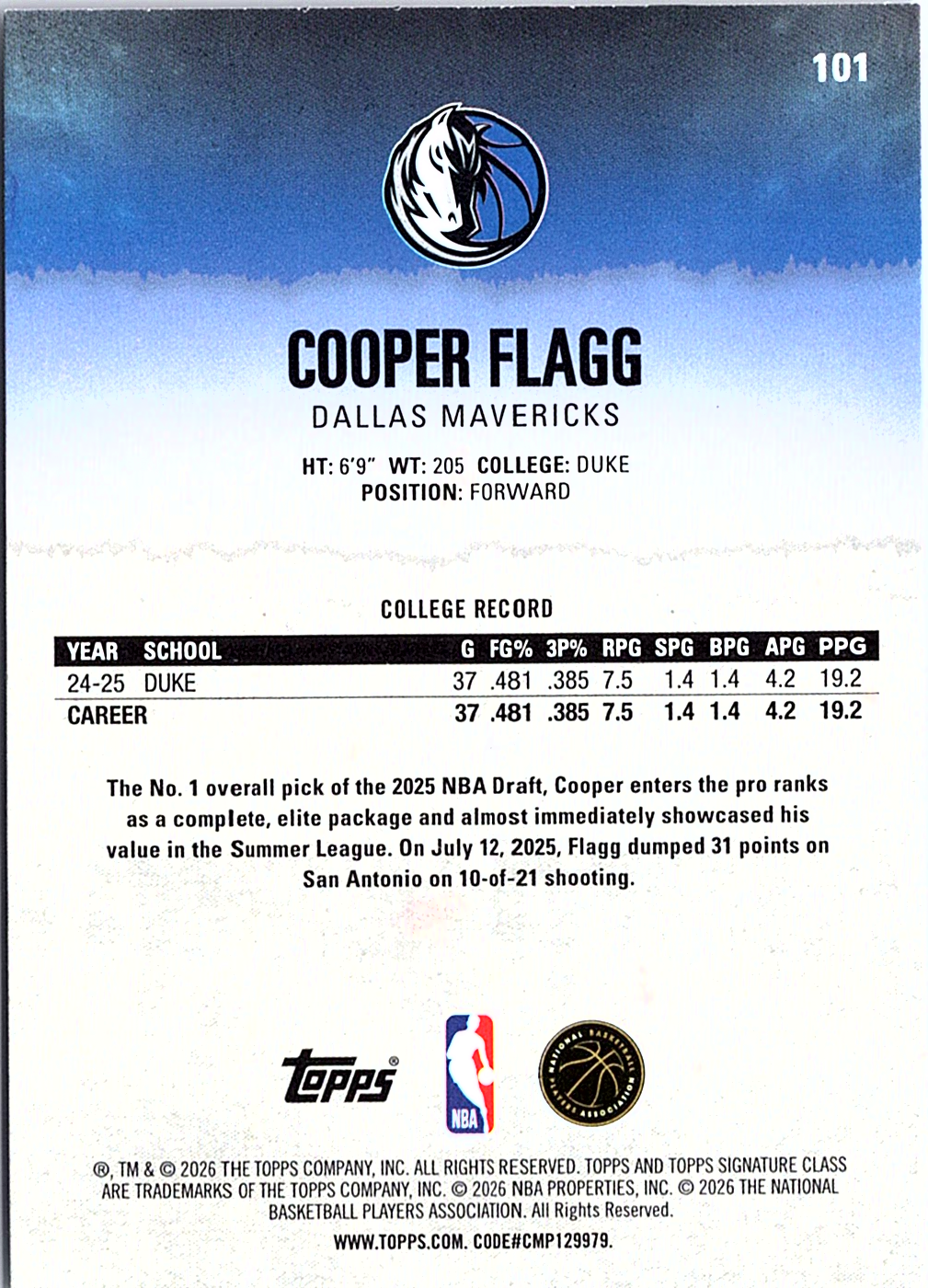 Cooper Flagg Topps Signature Class 101 NM (Back)