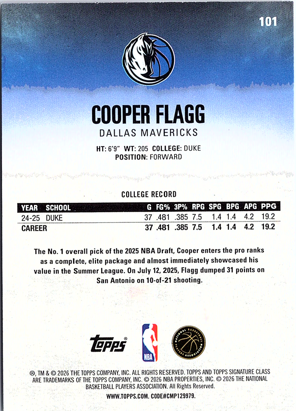 Cooper Flagg Topps Signature Class 101 NM (Back)