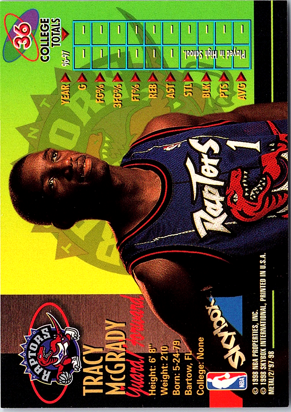 1997-98 Metal Universe Championship Tracy McGrady 36 Basketball Toronto Raptors (Back)