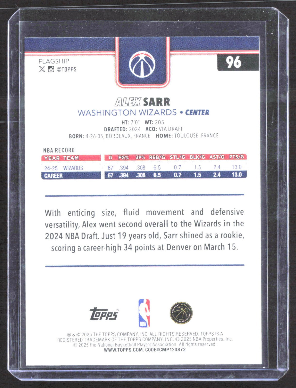 2025-26 Topps - Rainbow Foilboard Alex Sarr 96 Basketball Washington Wizards