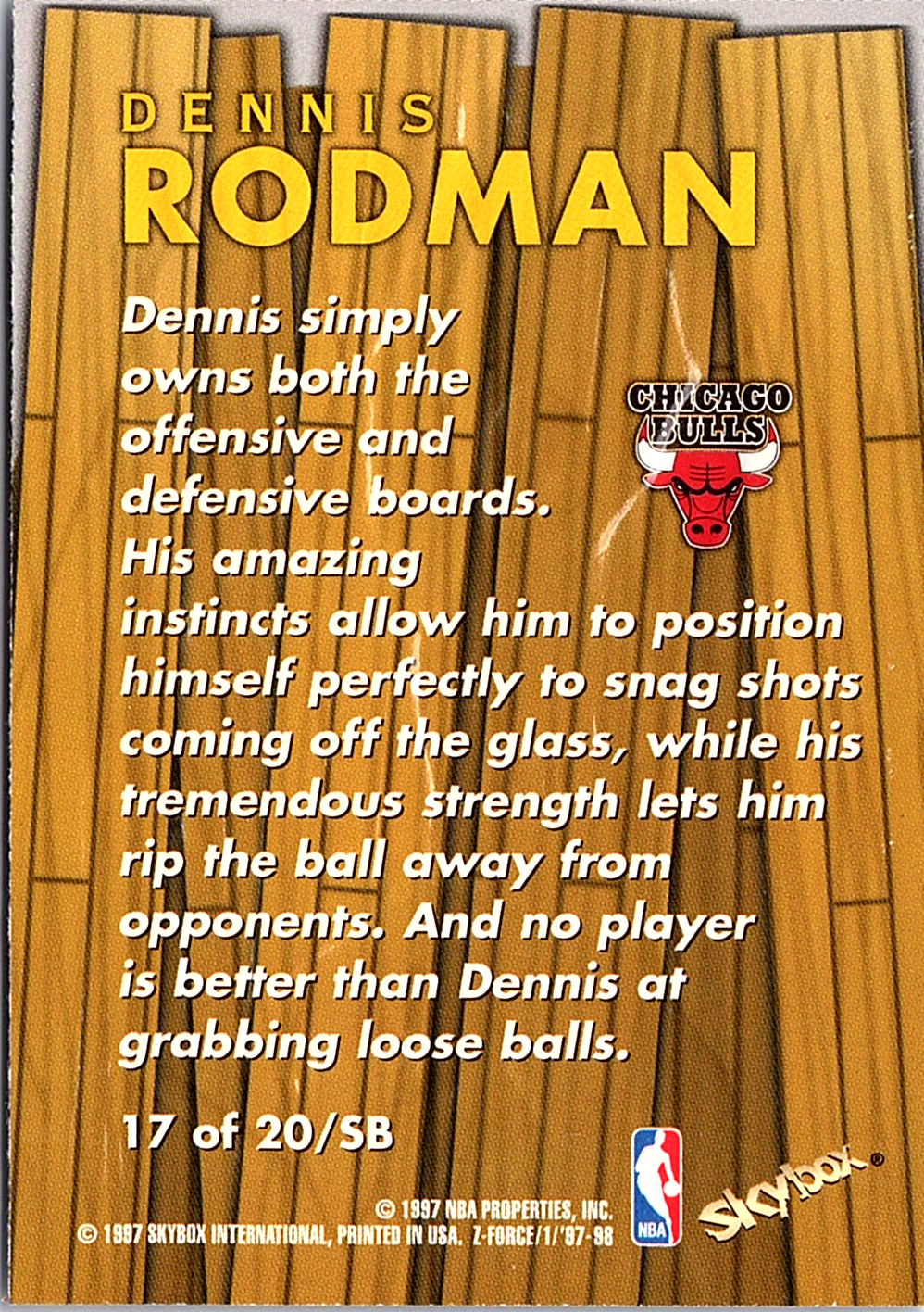 1997-98 SkyBox Z-Force - Super Boss Dennis Rodman 17 /SB Chicago Bulls (Back)