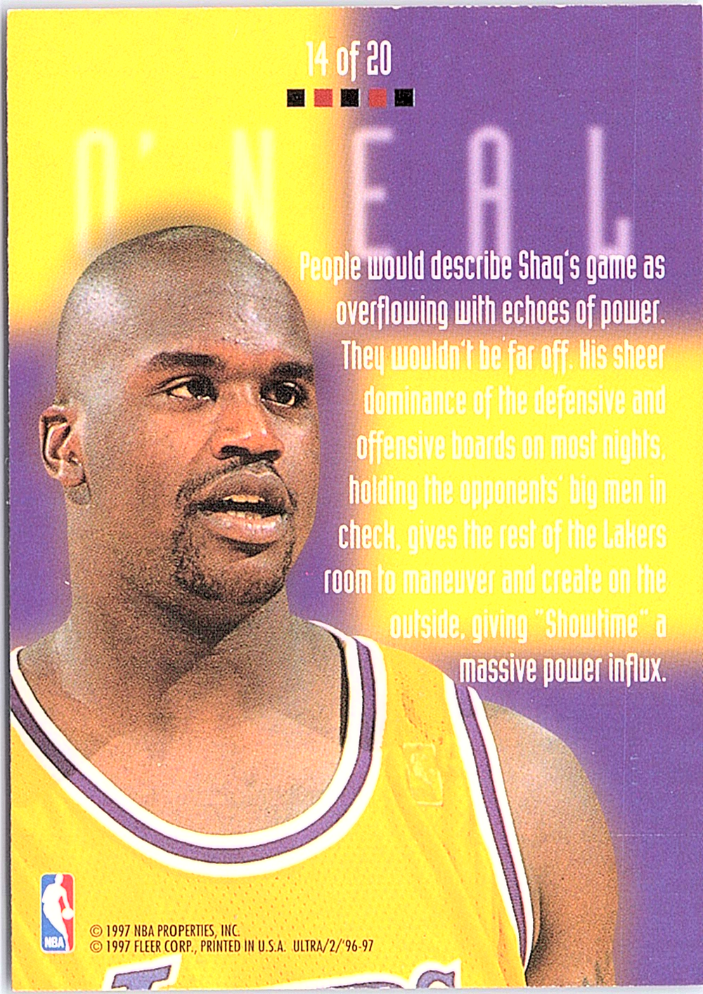 1996-97 Ultra - Board Game Shaquille O'Neal 14 Basketball Los Angeles Lakers (Back)