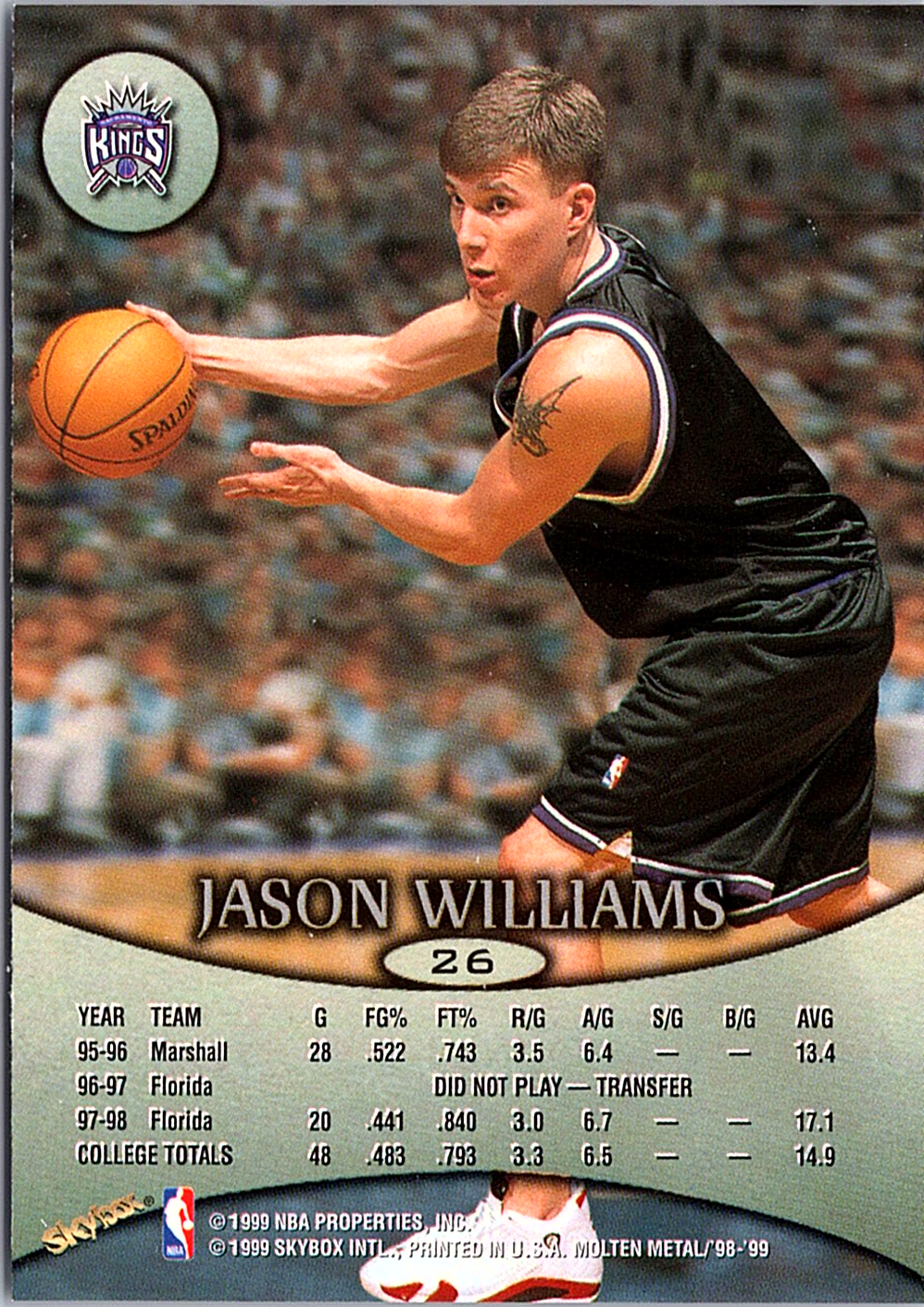 1998-99 SkyBox Molten Metal Jason Williams 26 Sacramento Kings (Back)