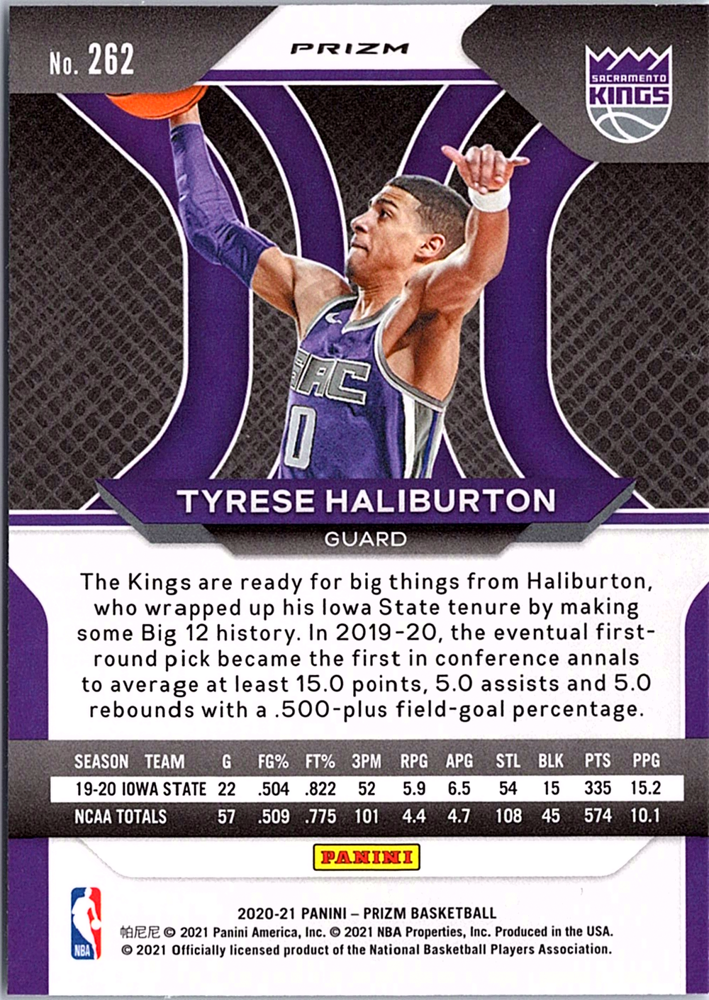 Tyrese Haliburton Panini Prizm - Silver Prizms 262 NM (Back)