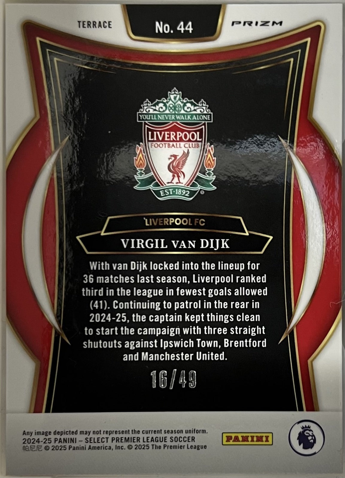 Virgil van Dijk Panini Select Premier League - Winter Camo 44 NM (Back)