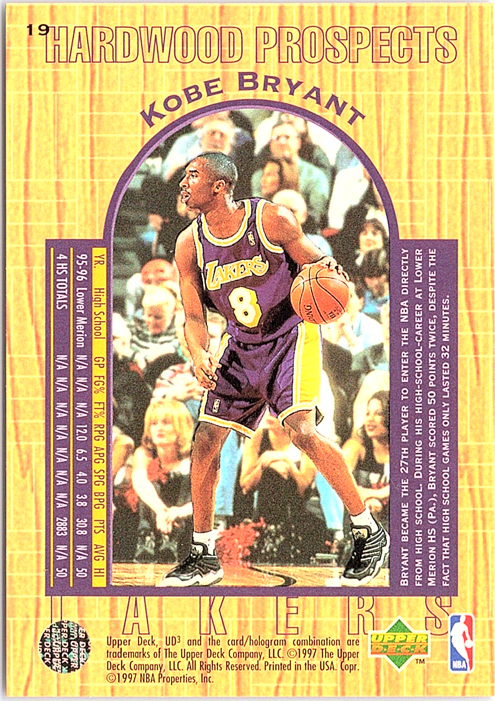 Kobe Bryant Upper Deck UD3 19 NM (Back)
