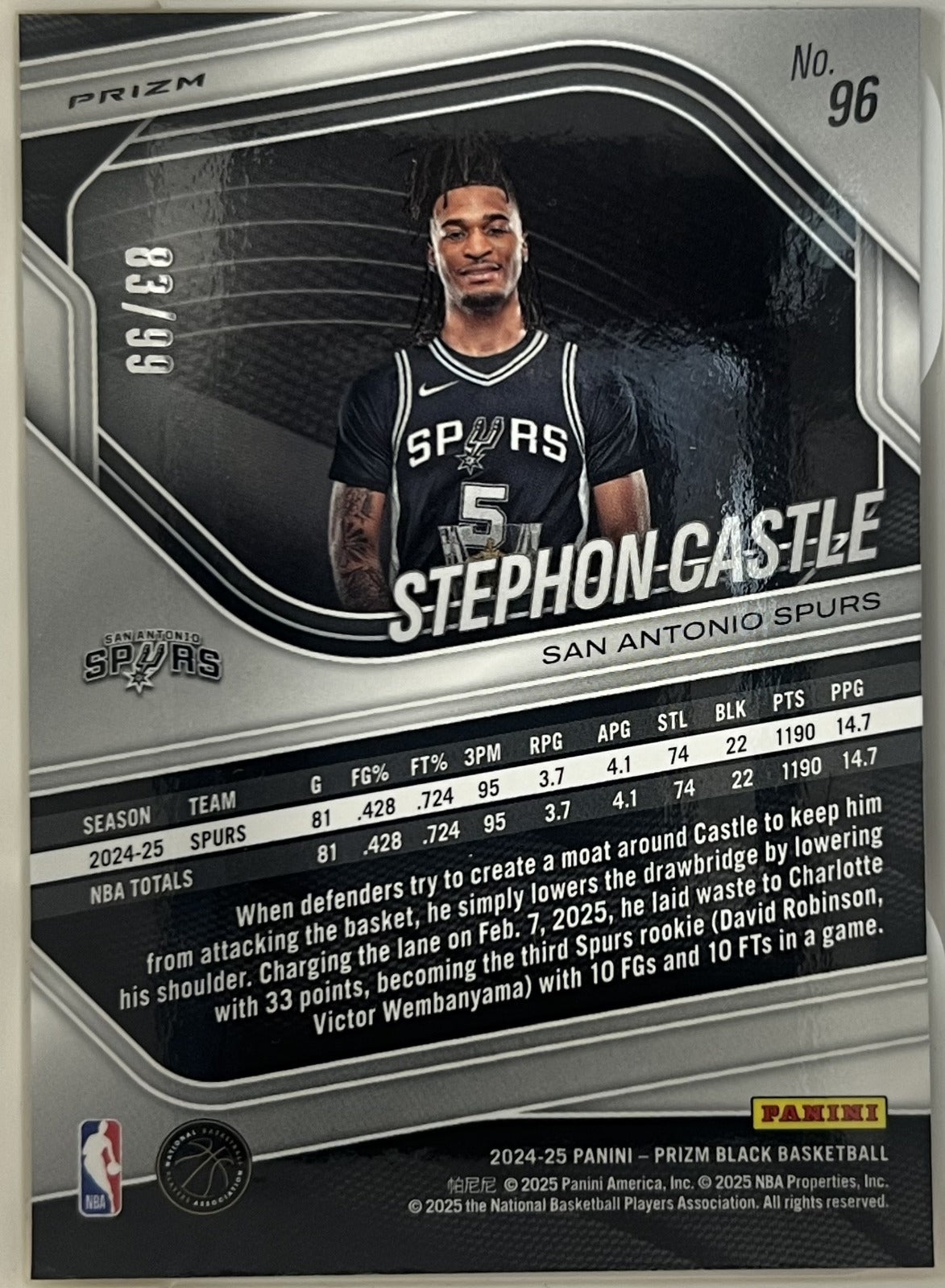 Stephon Castle Panini Prizm Black - Purple Prizms 96 NM (Back)