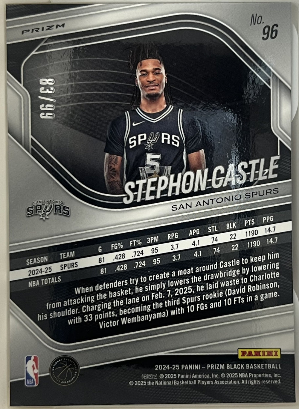 Stephon Castle Panini Prizm Black - Purple Prizms 96 NM (Back)
