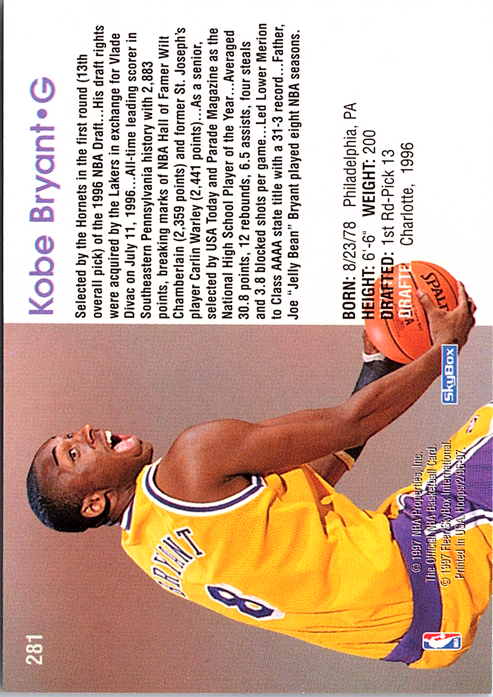 1996-97 Hoops Kobe Bryant 281 Basketball Los Angeles Lakers (Back)