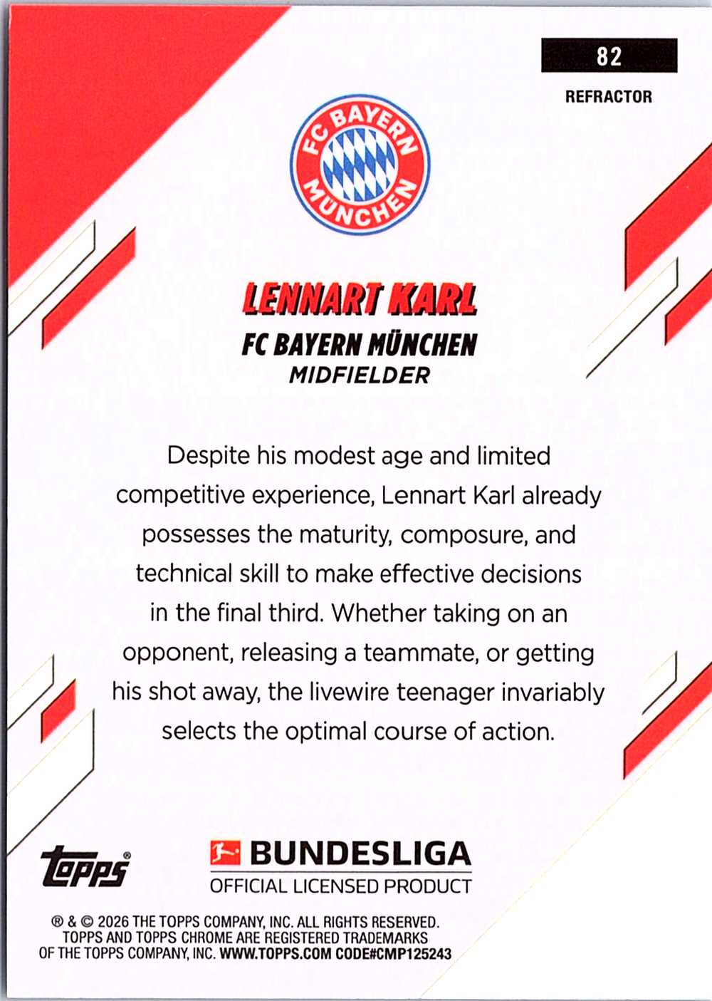 Lennart Karl Topps Chrome Bundesliga - Refractor 82 NM (Back)