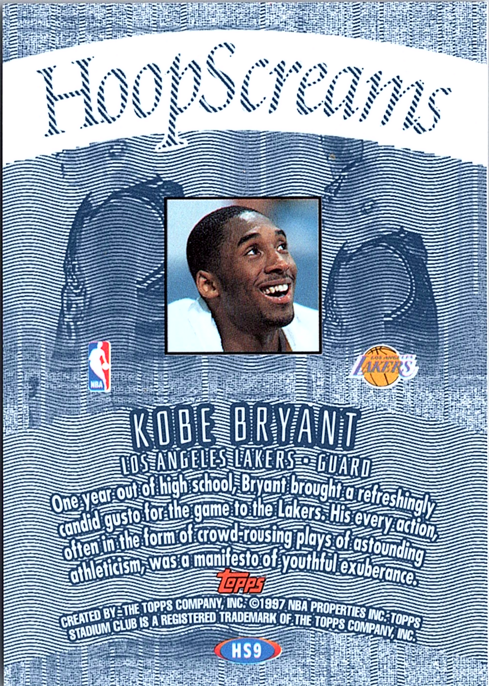 1997-98 Stadium Club - Hoop Screams Kobe Bryant Basketball Los Angeles Lakers (Back)
