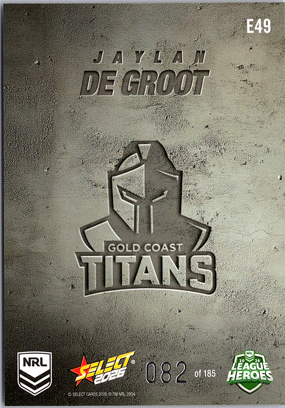 2026 Select NRL Hobby Etched - Jaylan De Groot Titans 82/185 NM (Back)