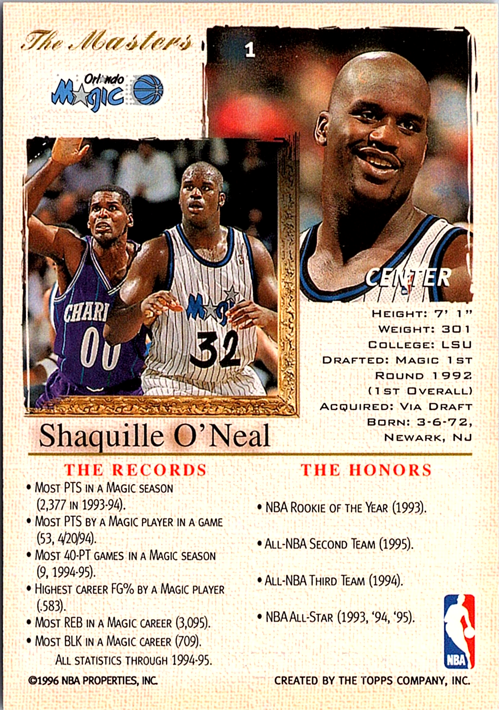 1996-97 Stadium Club - Topps Gallery Player's Private Issue Shaquille O'Neal   (Back)