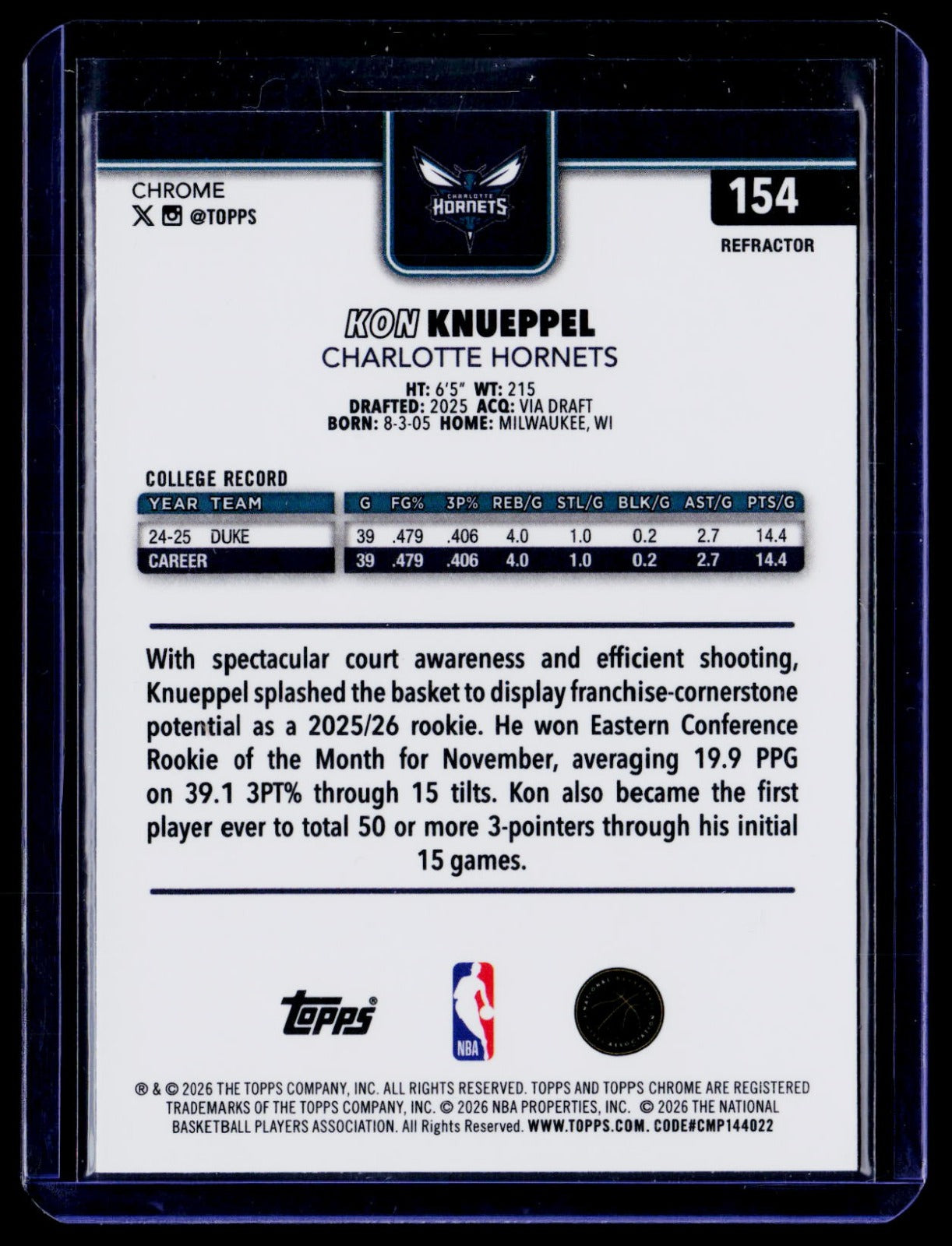 Kon Knueppel Topps Chrome Update - Refractor 154 NM
