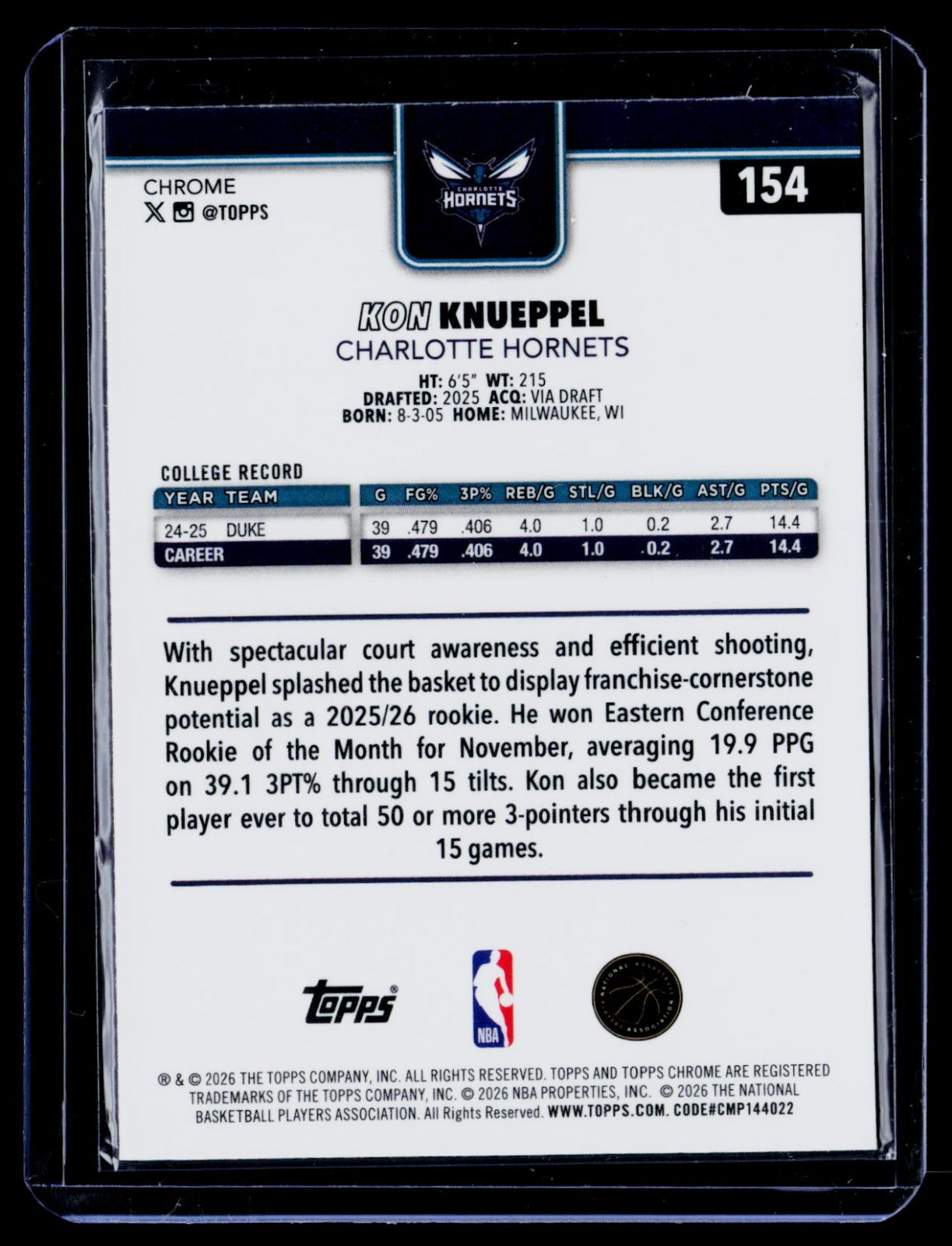 Kon Knueppel Topps Chrome Update 154 NM