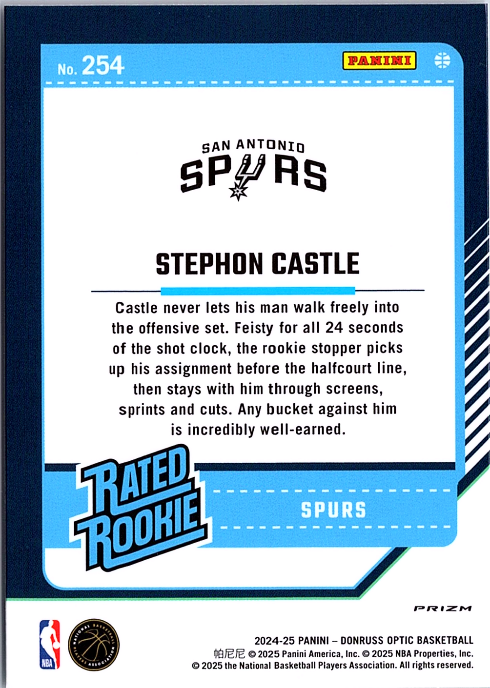 Stephon Castle Donruss Optic - Holo 254 NM (Back)