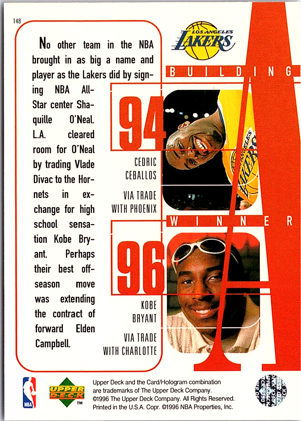 1996-97 Upper Deck Shaquille O'Neal/Eddie Jones/Nick Van Exel/Cedric Ceballos/Kobe Bryant  (Back)