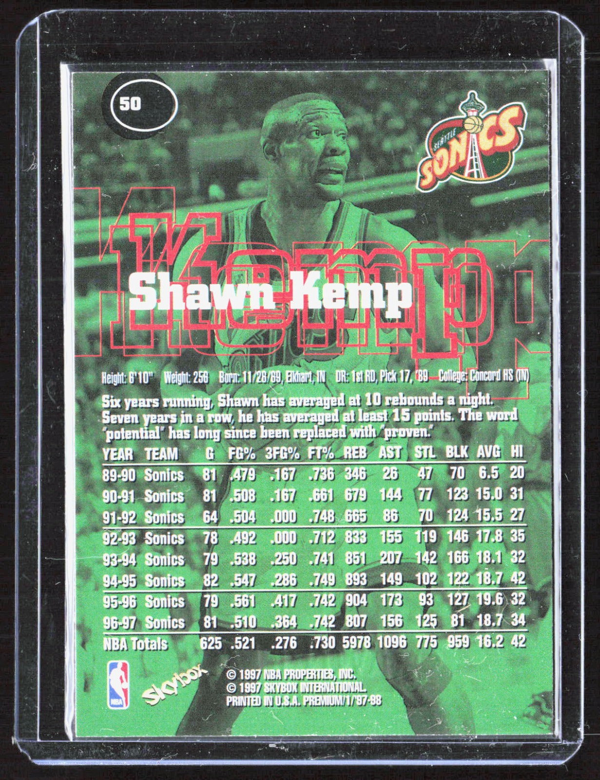 1997-98 SkyBox Premium Shawn Kemp 50 Basketball Seattle SuperSonics
