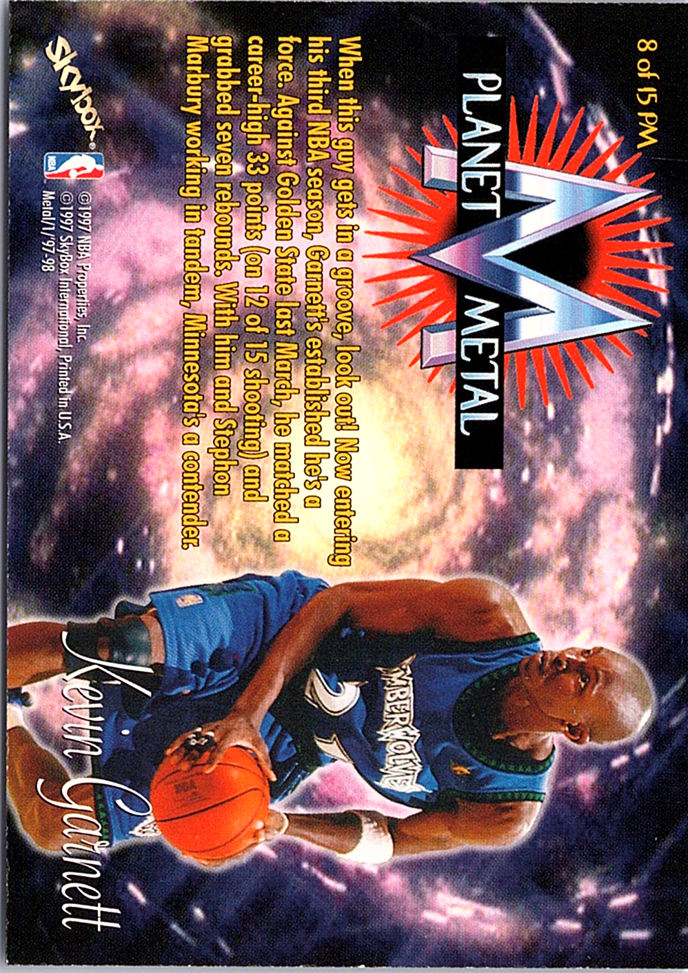1997-98 Metal Universe - Planet Metal Kevin Garnett 8 PM Minnesota Timberwolves (Back)