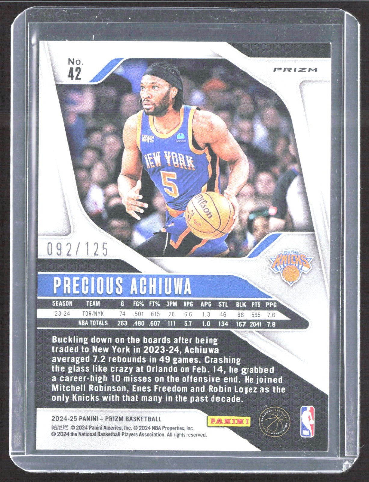 2024-25 Panini Prizm - Prizms Silver Precious Achiuwa 42 Basketball New York Knicks /125